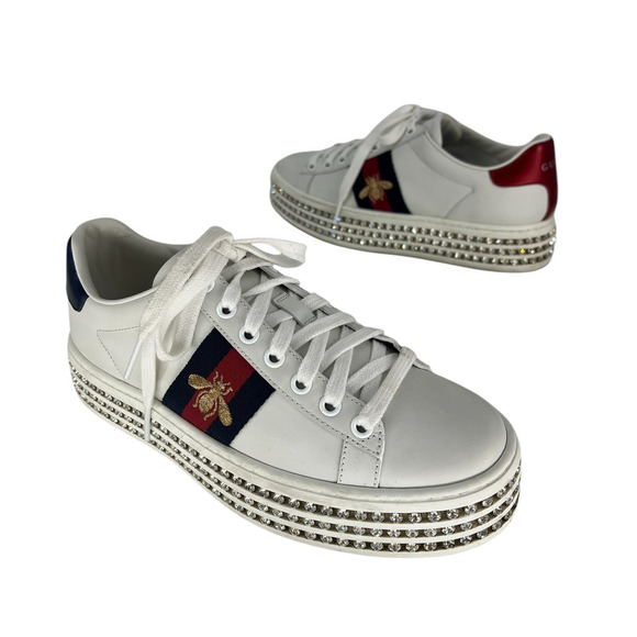 Gucci Ace Web Platform Crystal Embellished Leather Sneakers - Picture 3 of 16